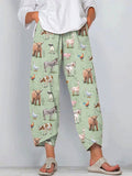 Farm Animals Print Linen Blend Casual Pants