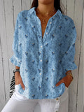 Women's Vintage Flower Art Print Casual Linen V-neck Shirt