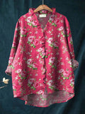 Women's Art Print Casual Cotton And Linen Ruffle Shirt