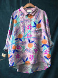 Women's Watercolor Flowers Floral Art Print Casual Cotton And Linen Shirt