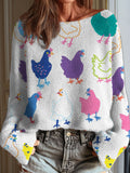 Women's Funny Chicken Art Print Casual Pullover Sweater