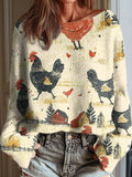 Women's Funny Chicken Art Print Casual Pullover Sweater