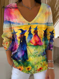 Women's Watercolor Witch Halloween Casual Print Pullover Sweater