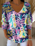 Women's Preppy Autumn Ghost Fall Halloween Casual Print Pullover Sweater