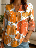Women's Autumn Pumpkin Pattern Print Casual Cotton And Linen Shirt