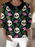 Women's Halloween Skull Casual Print Peter Pan Collar 3/4 Sleeve Sweater