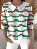 Women's Christmas Pattern Art Casual Print Peter Pan Collar 3/4 Sleeve Sweater