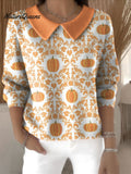 Women's Halloween Pumpkin Pattern Art Casual Print Peter Pan Collar 3/4 Sleeve Sweater