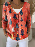 Christmas Christmas Tree Pattern Art Print Buttoned V-neck Cardigan Sweater