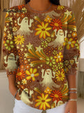 Women's Vintage Halloween Retro Ghost Art Print Casual Pullover Sweater