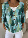 Christmas Tree Print Buttoned V-neck Cardigan Sweater