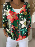 Christmas Flowers Print Buttoned V-neck Cardigan Sweater