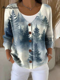 Christmas Tree Print Buttoned V-neck Cardigan Sweater