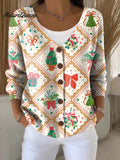 Christmas Tree Gift Plant Print Buttoned V-neck Cardigan Sweater
