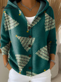 Women's Vintage Christmas Trees Pattern Printed Casual Hooded Button Sweater