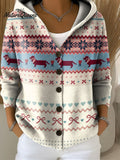 Women's Vintage Christmas Pattern Printed Casual Hooded Button Sweater