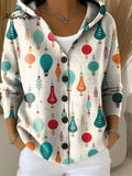 Women's Vintage Christmas Lights Pattern Printed Casual Hooded Button Sweater