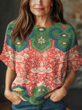 Women's Vintage Floral Art Print Casual Crew Neck Short Sleeve Knitted Sweater