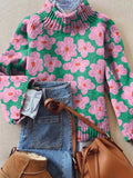 Women's Lovely Floral Art Print Knit Turtleneck Pullover Sweater