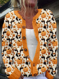 Women's Pumpkin Cow Pattern Art Print Buttoned Cardigan Sweater