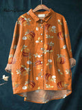 Women's Vintage Pumpkin Pattern Art Print Casual Cotton And Linen Ruffle Shirt