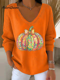 Women's Lovely Pumpkin Pattern Art Print Casual Pullover Sweater