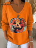 Women's Funny Pumpkin Halloween Pattern Art Print Casual Pullover Sweater