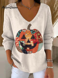 Women's Funny Pumpkin Halloween Pattern Art Print Casual Pullover Sweater