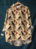 Women's Vintage Floral Raven Pattern Art Print Casual Cotton And Linen Ruffle Shirt