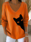 Women's Lovely Cat Art Print Casual Pullover Sweater