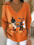 Women's Lovely Halloween Cat Art Print Casual Pullover Sweater