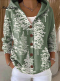 Women's Christmas Tree Art Printed Casual Hooded Button Sweater
