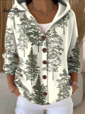 Women's Christmas Tree Art Printed Casual Hooded Button Sweater