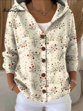 Women's Christmas Pattern Art Printed Casual Hooded Button Sweater