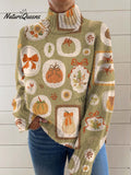 Women's Retro Halloween Autumn Pumpkin Print Knit Turtleneck Pullover Sweater