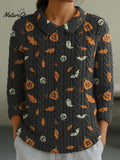 Women's Casual Peter Pan Collar Black Halloween Pattern 3/4 Sleeve Sweater