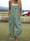 Women's Funny Bee Art Print Casual Cotton Linen Wide Leg Jumpsuit