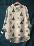 Women's Vintage Christmas Tree Art Print Casual Cotton And Linen Shirt