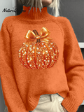 Vintage Shiny Pumpkin Art Print Knit Turtleneck Pullover Sweater
