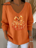 Women's Vintage Shiny Pumpkin Art Print Casual Pullover Sweater