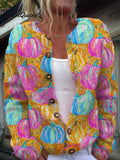 Vintage Pumpkin Art Print Buttoned Cardigan Sweater
