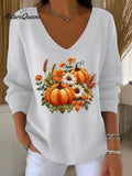 Women's Vintage Pumpkin Art Print Casual Pullover Sweater