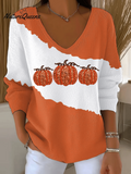 Women's Vintage Pumpkin Art Print Casual Pullover Sweater