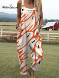 Women's Ghost Art Print Casual 100% Cotton Wide Leg Jumpsuit