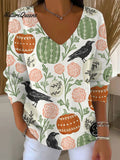 Women's Vintage Halloween Crow Art Print Casual Pullover Sweater