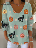 Women's Vintage Halloween Cat Art Print Casual Pullover Sweater