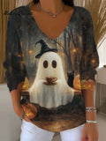 Women's Vintage Ghost Art Print Casual Pullover Sweater