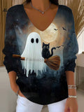 Women's Vintage Ghost Art Print Casual Pullover Sweater