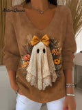 Women's Vintage Ghost Art Print Casual Pullover Sweater