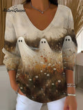 Women's Vintage Ghost Art Print Casual Pullover Sweater